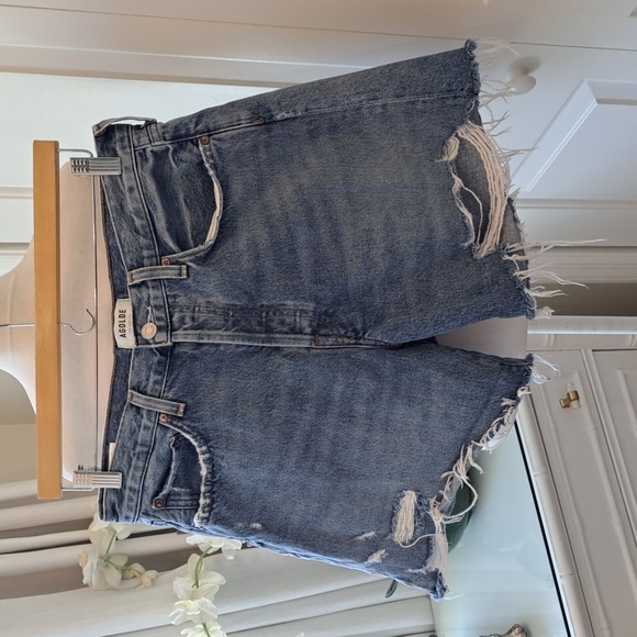AGOLDE Womens Parker Long Cut-Off High-Rise Medium Wash Denim Jean Shorts S-28 - Picture 1 of 7